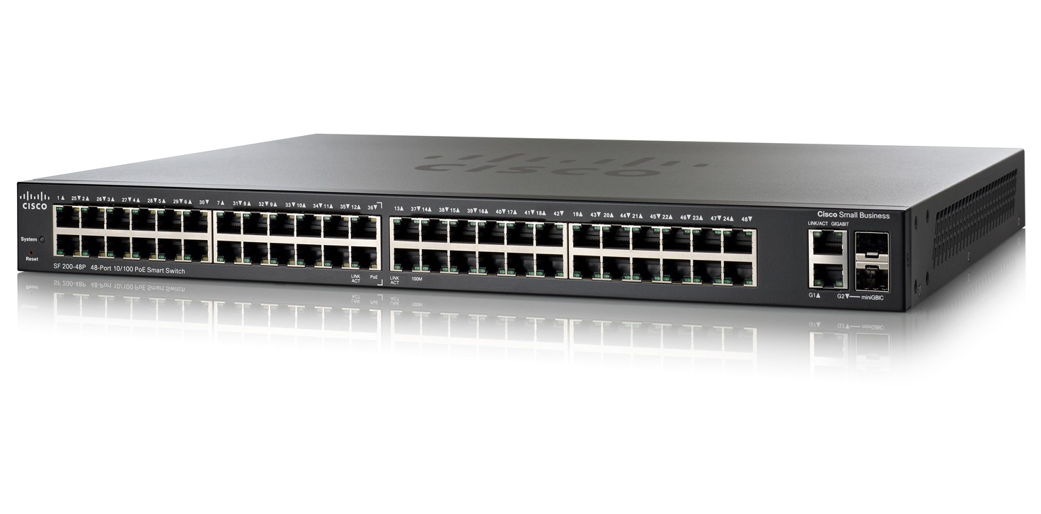 Управляемый коммутатор Cisco SF200-48P с питанием по PoE для небольших  офисов