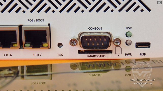 Консольный порт, Smart card слот и microUSB порт в маршрутизаторе Mikrotik CCR1009-7G-1C-1S+